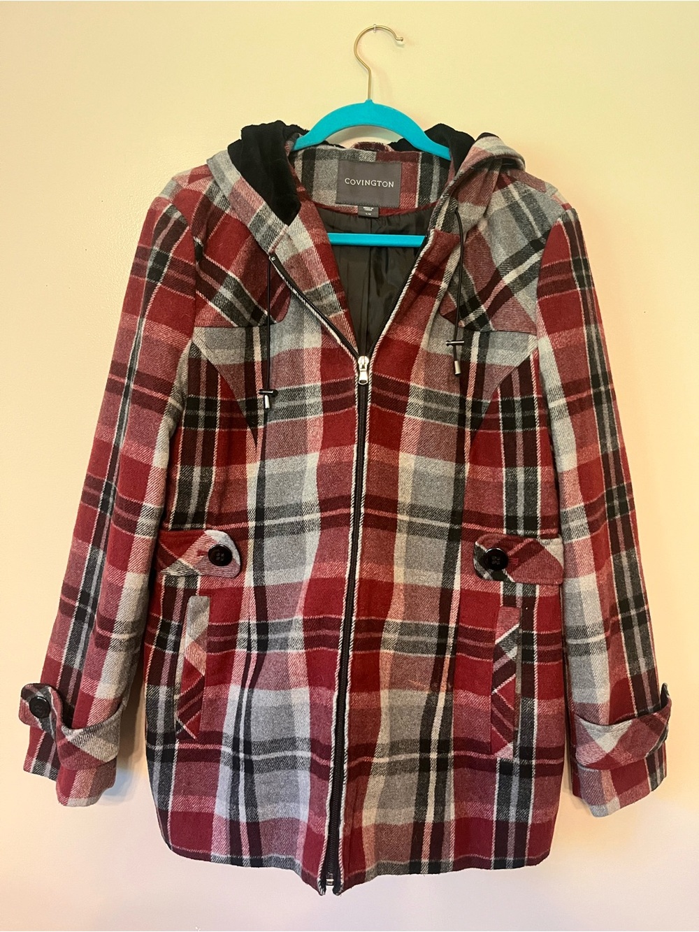 Covington Red Plaid Hooded Pea Coat